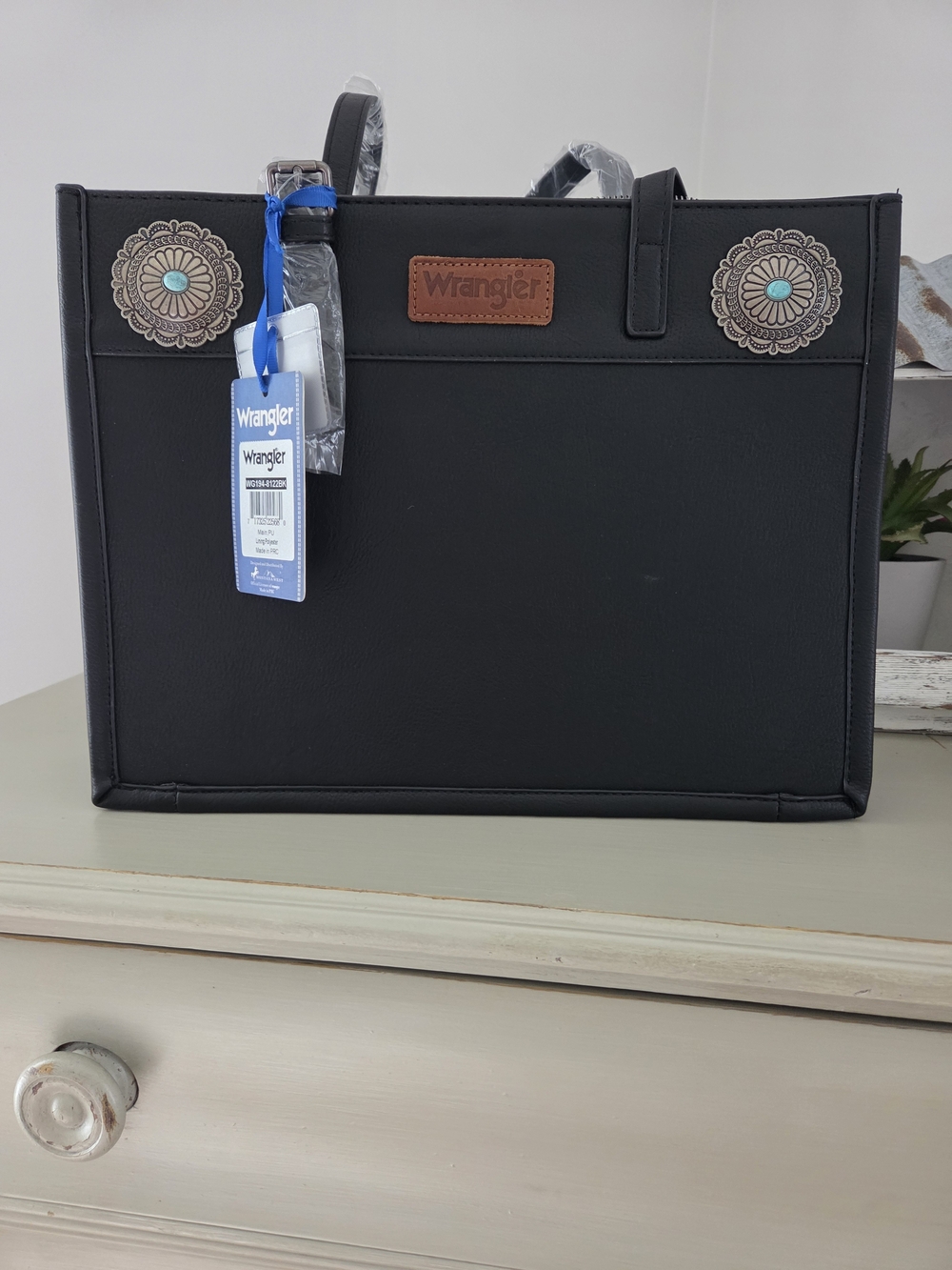 Wrangler Black Laptop Tote with Western Conchos and Turquoise Accents